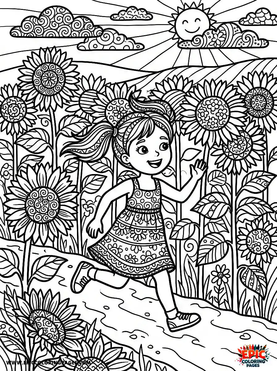 Zentangle Girl zentangle girl running through a sunflower field