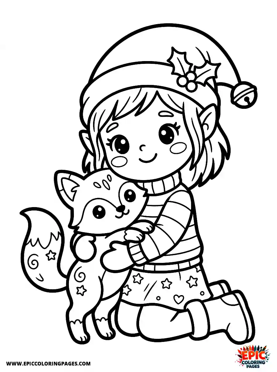 Christmas Girl Adorable Christmas girl kawaii style hugging a small fox