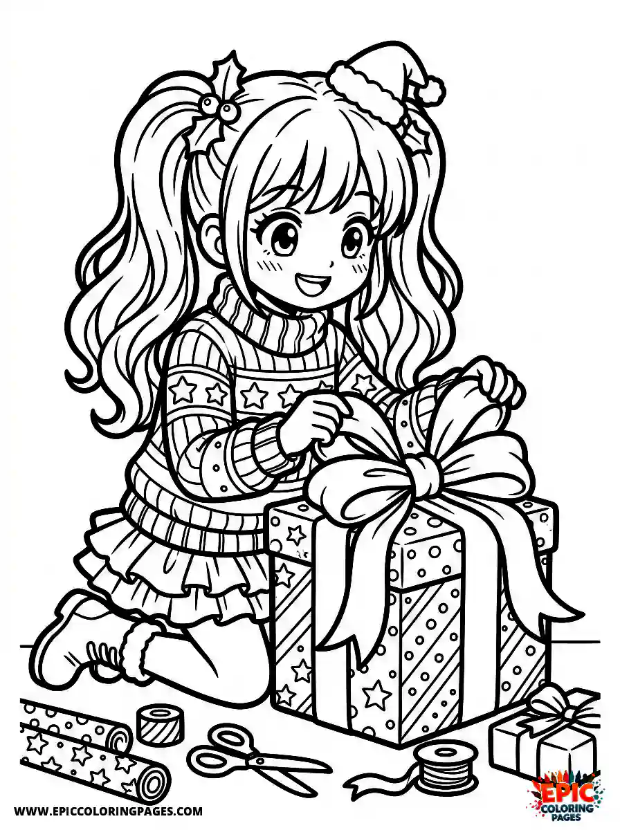 Christmas Girl Adorable Christmas girl manga style wrapping gifts with a big ribbon