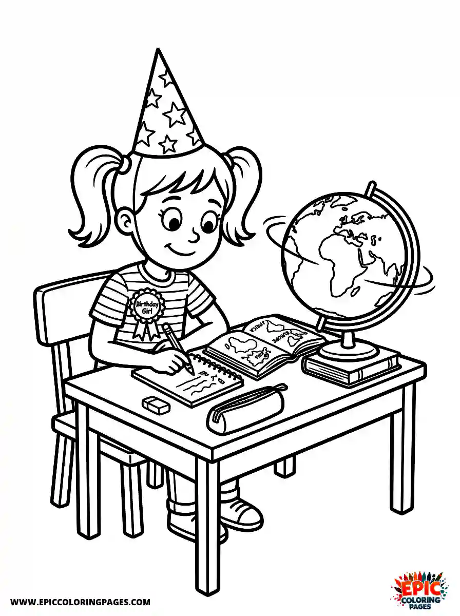 Birthday Girl Adorable birthday girl cartoon style girl doing geography homework globe spinning beside her