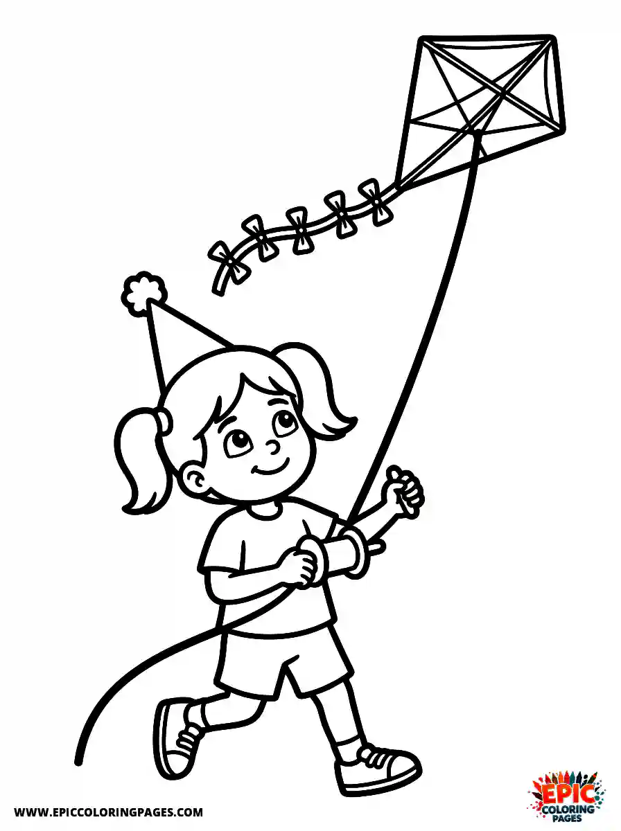 Birthday Girl Adorable birthday girl cartoon style girl flying a kite holding long string with bow kite