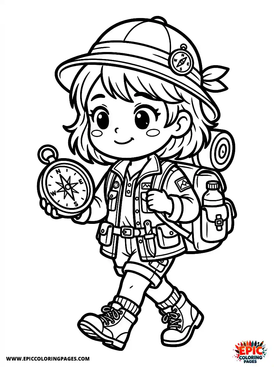 Birthday Girl Adorable birthday girl chibi style girl as tiny explorer with compass adventure backpack and boots