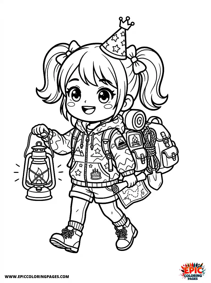 Birthday Girl Adorable birthday girl chibi style girl going camping adventure backpack and lantern in tent outfit