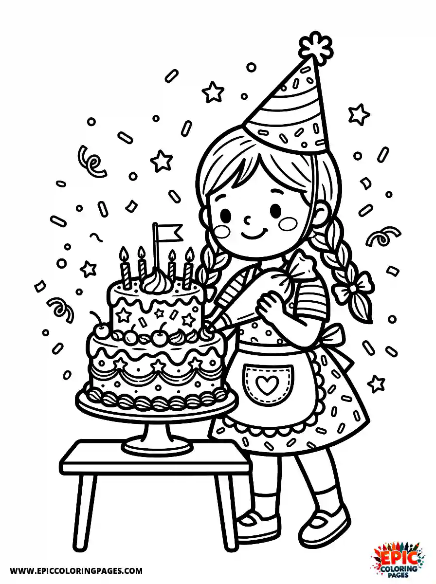 Birthday Girl Adorable birthday girl decorating birthday cake wearing party hat with sprinkles around her
