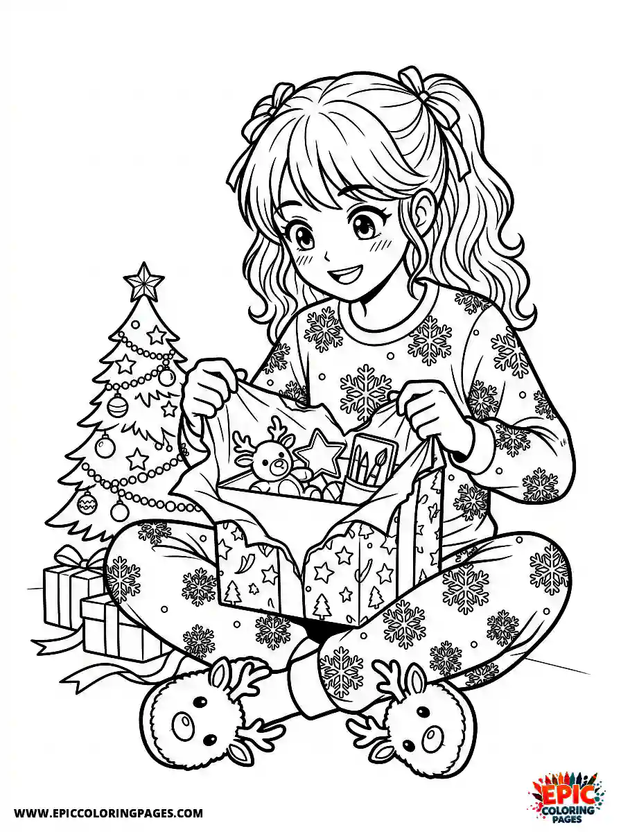 Birthday Girl Adorable birthday girl manga style girl opening christmas gift snowflake pajamas and reindeer slippers