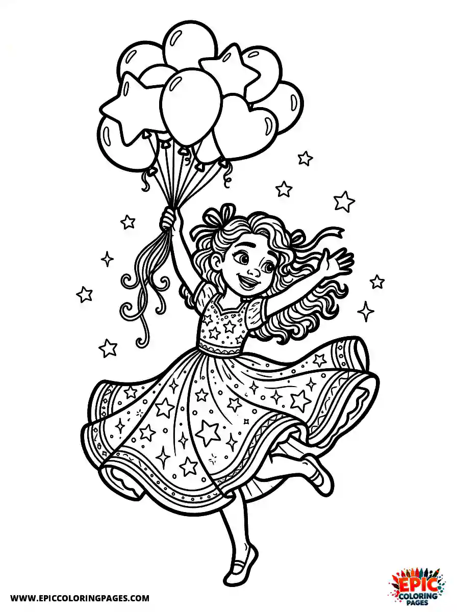 Birthday Girl Adorable birthday girl pixar style girl dancing with balloons twirling in party dress with stars