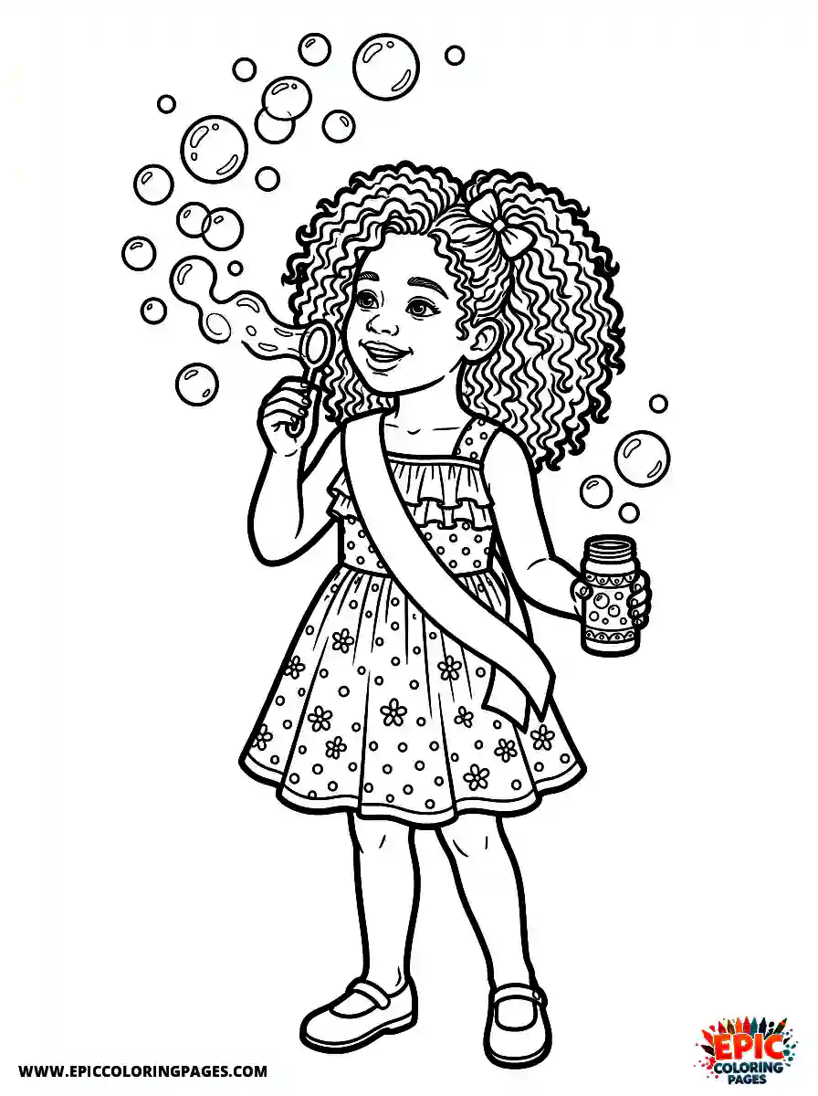 Birthday Girl Adorable birthday girl realistic girl blowing bubbles with wand bubble solution jar and curls