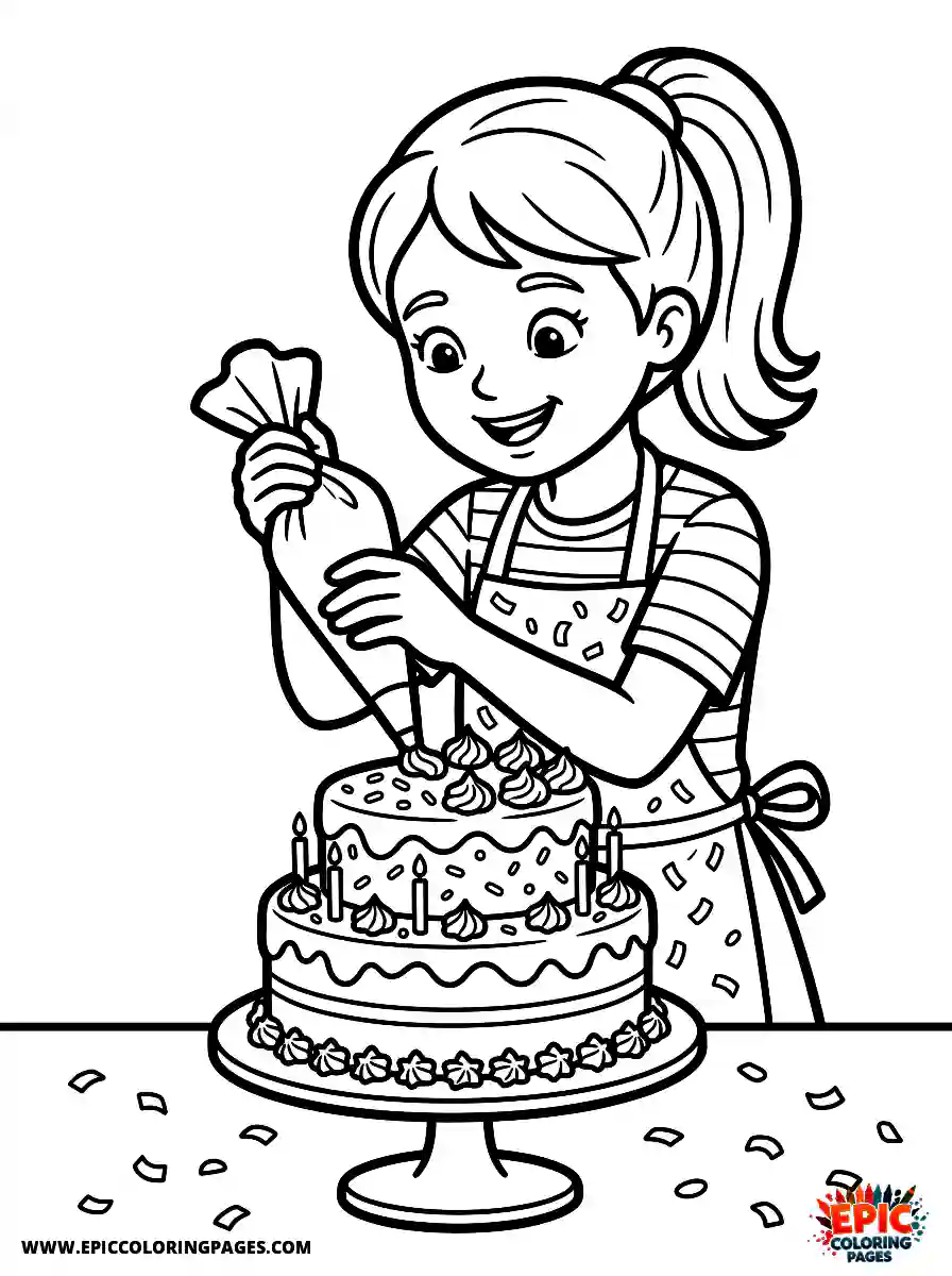 Birthday Girl Adorable birthday girl realistic girl decorating birthday cake with frosting frosting bag in hand with confetti