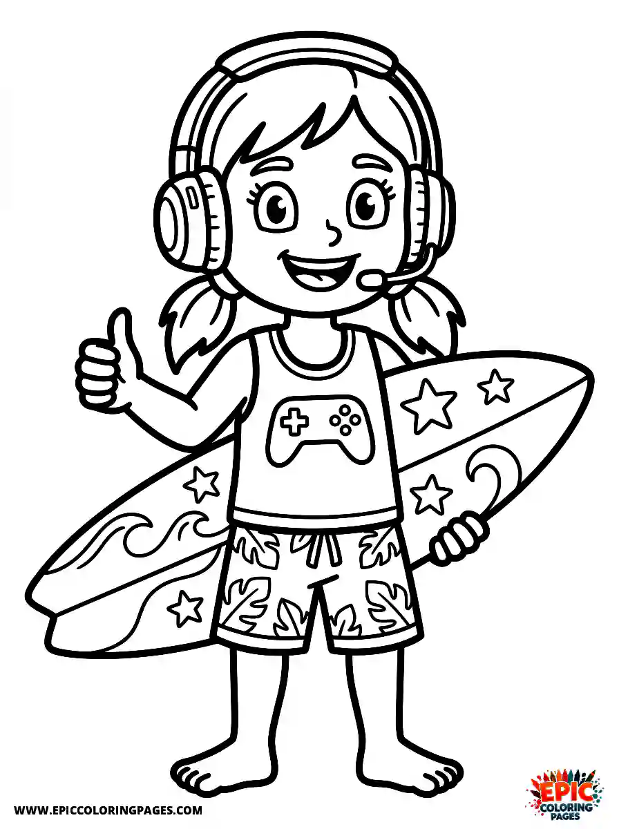Gamer Girl Adorable gamer girl cartoon style holding surfboard