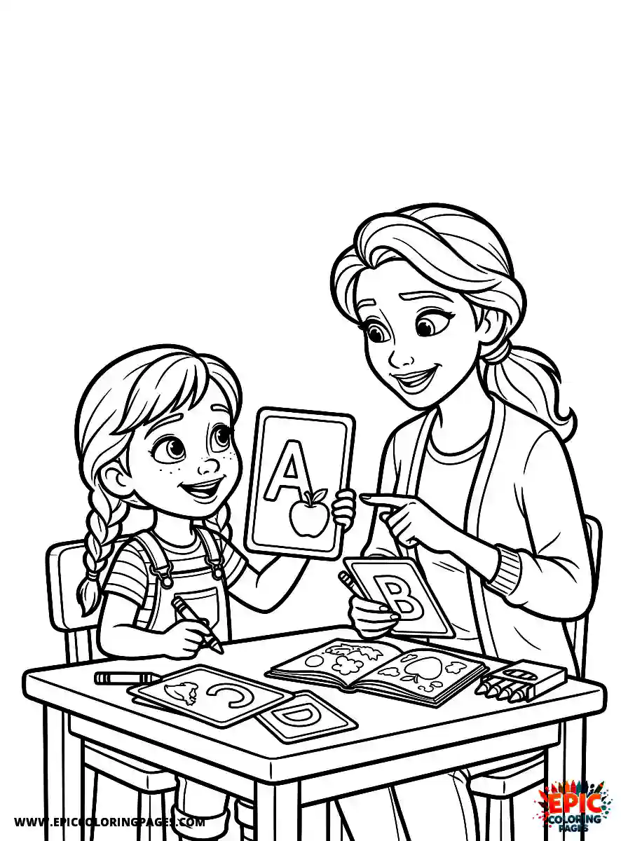 Girl and Mom Adorable girl and mom 3d disney style practicing spelling holding alphabet flashcards