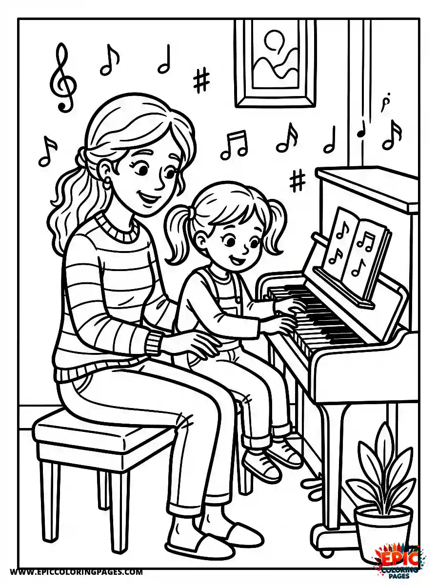 Girl and Mom Adorable girl and mom cartoon style playing piano musical vibe pressing keyboard keys
