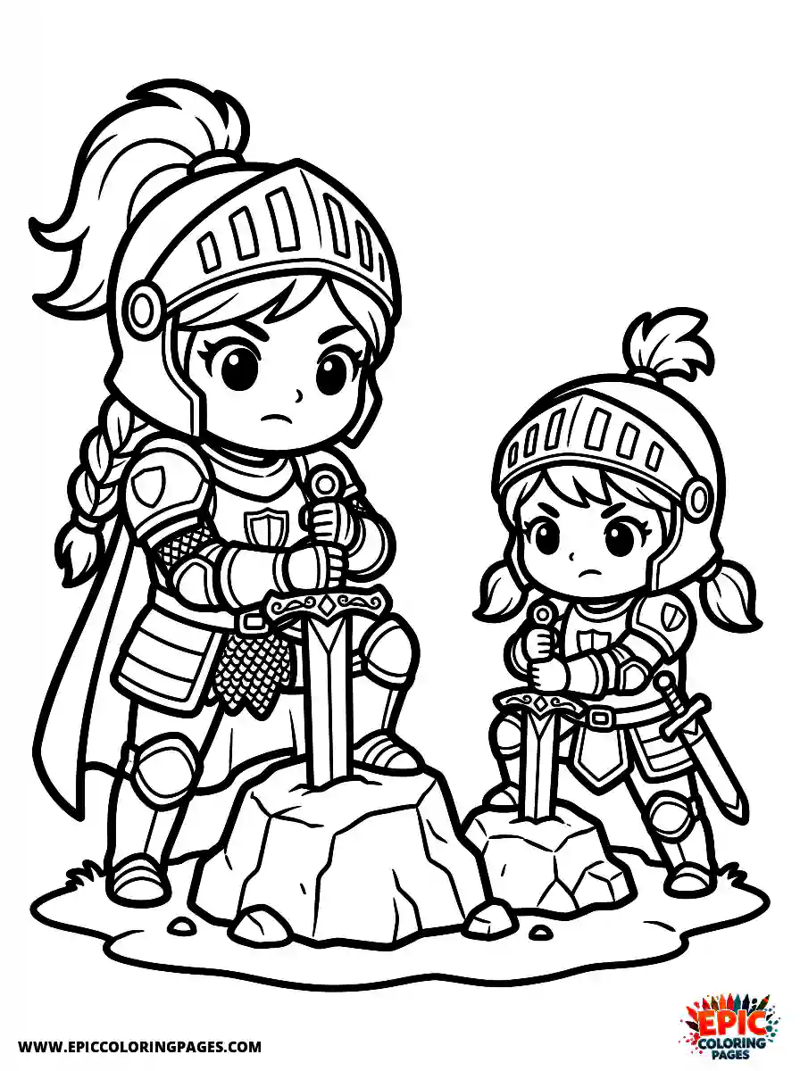 Girl and Mom Adorable girl and mom chibi style pulling swords from stones medieval wearing knight armor