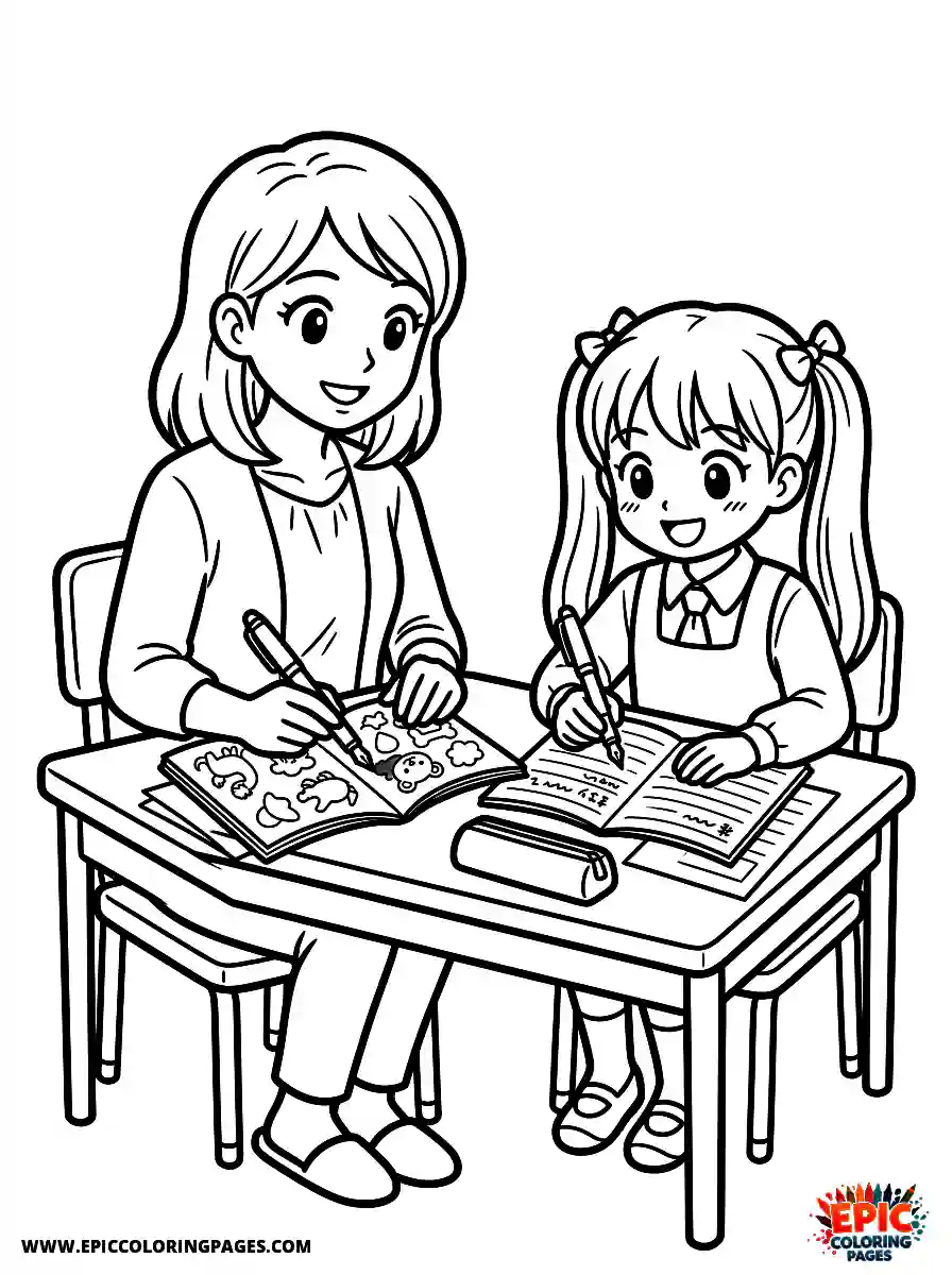 Girl and Mom Adorable girl and mom manga style writing essays holding fountain pens