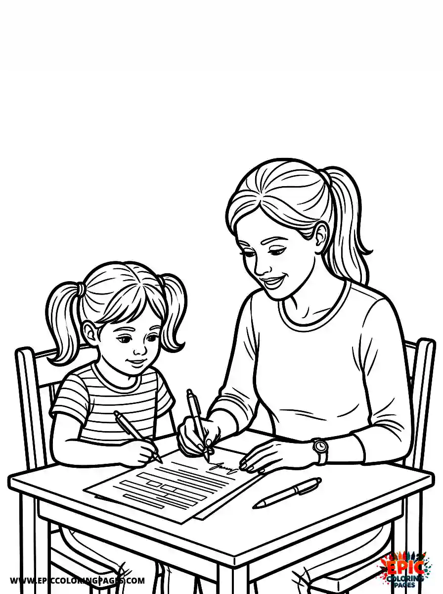 Girl and Mom Adorable girl and mom realistic signing a document administrative task holding a ballpoint pen