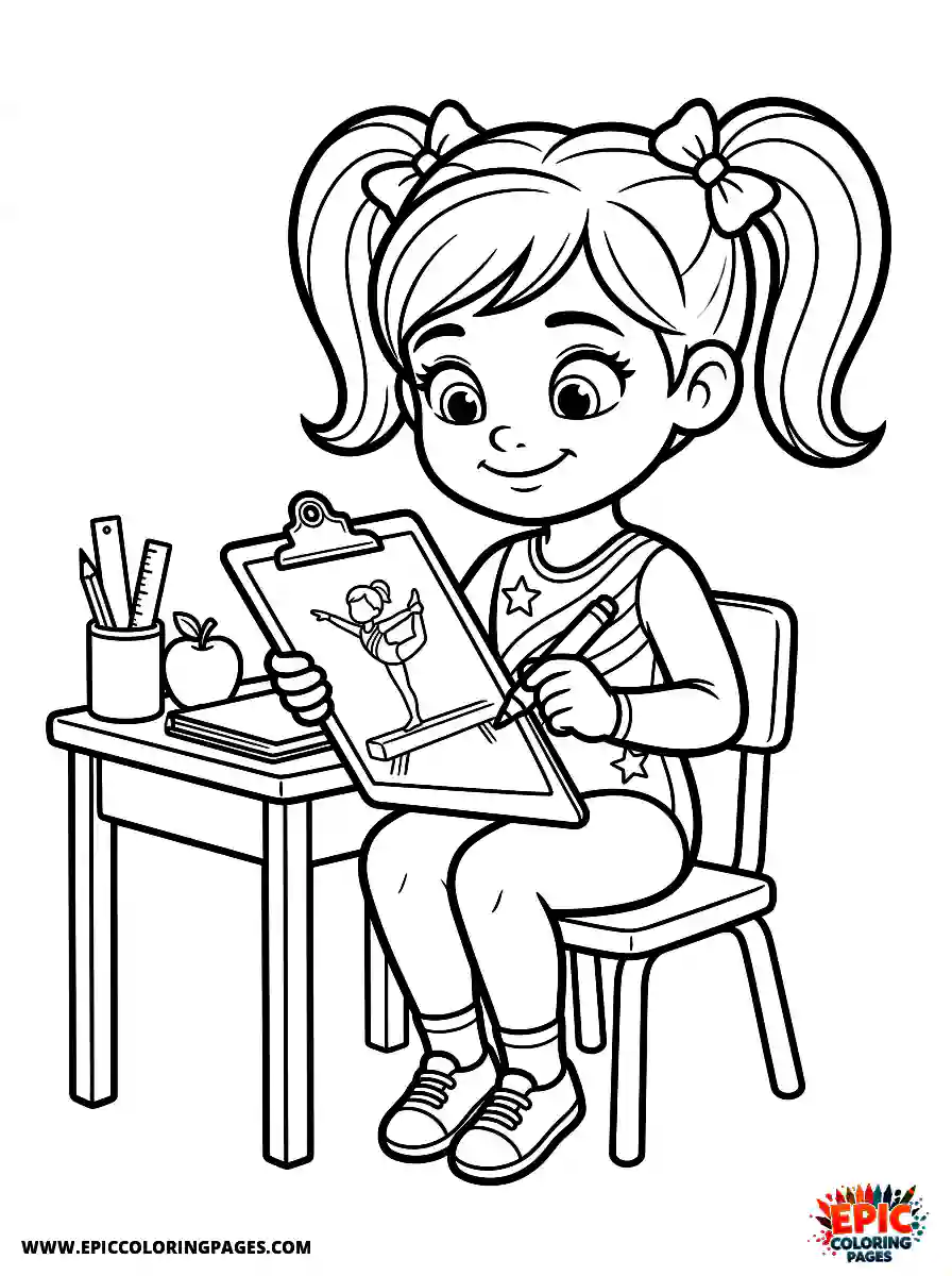 Gymnast Girl Adorable gymnast girl pixar style drawing on a clipboard with a marker