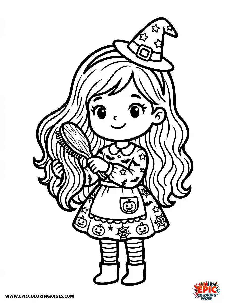 Halloween Girl Adorable halloween girl chibi style brushing her long hair holding a wooden brush