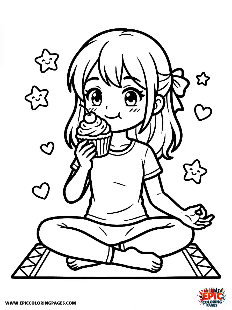 Yoga Girl Adorable yoga girl anime style eating a cupcake with cherry