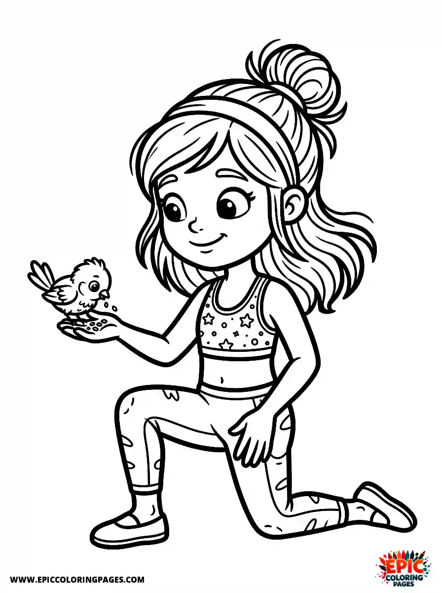 Yoga Girl Adorable yoga girl cartoon style feeding a tiny bird