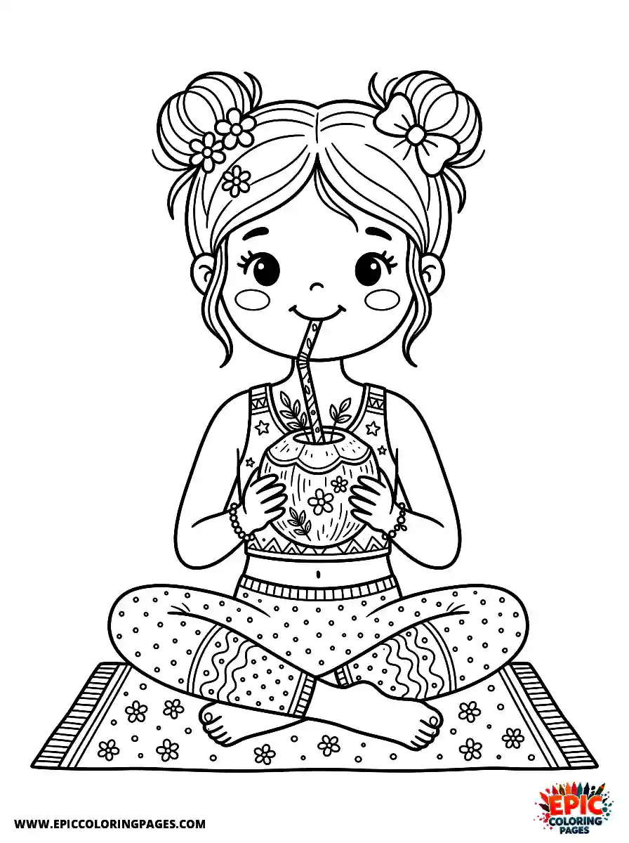 Yoga Girl Adorable yoga girl kawaii style drinking from a coconut with a straw