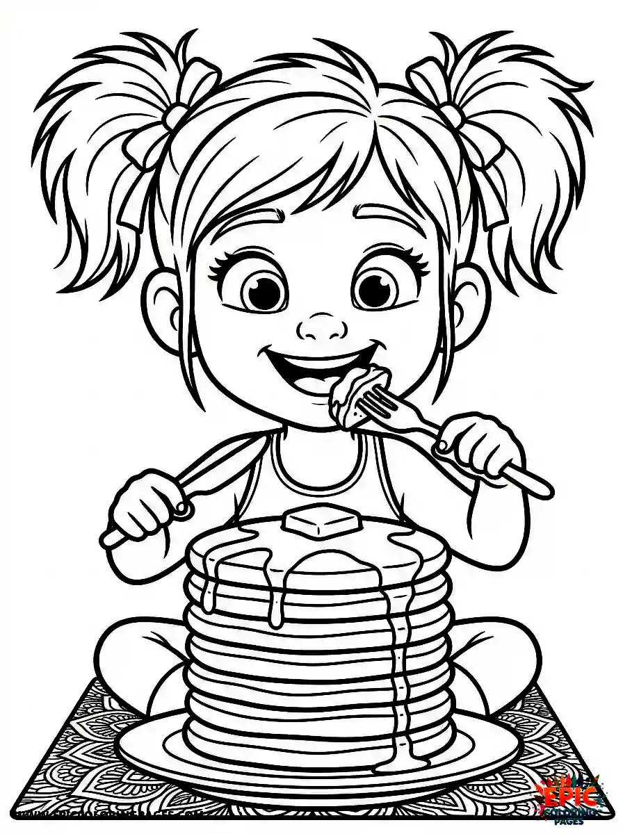 Yoga Girl Adorable yoga girl pixar style eating a stack of pancakes