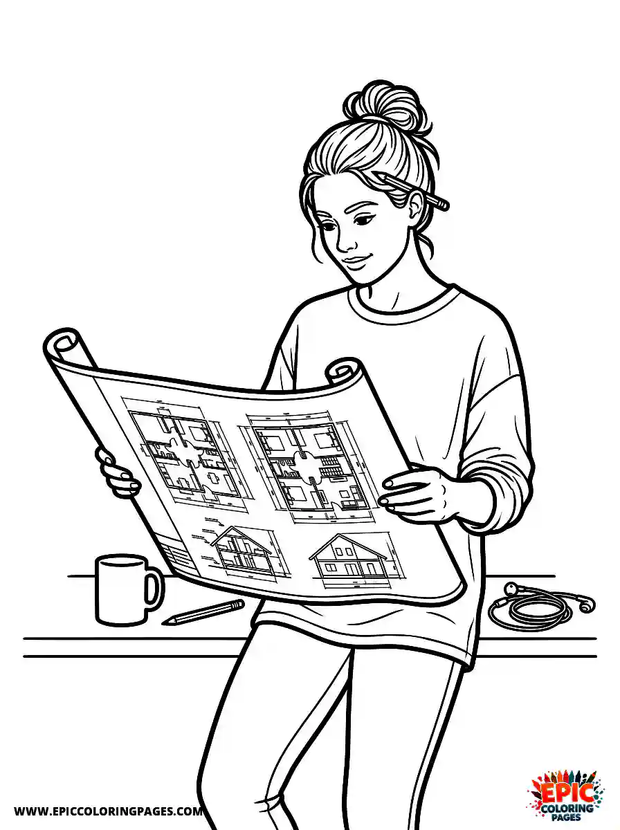 Yoga Girl Adorable yoga girl realistic holding a large architectural blueprint