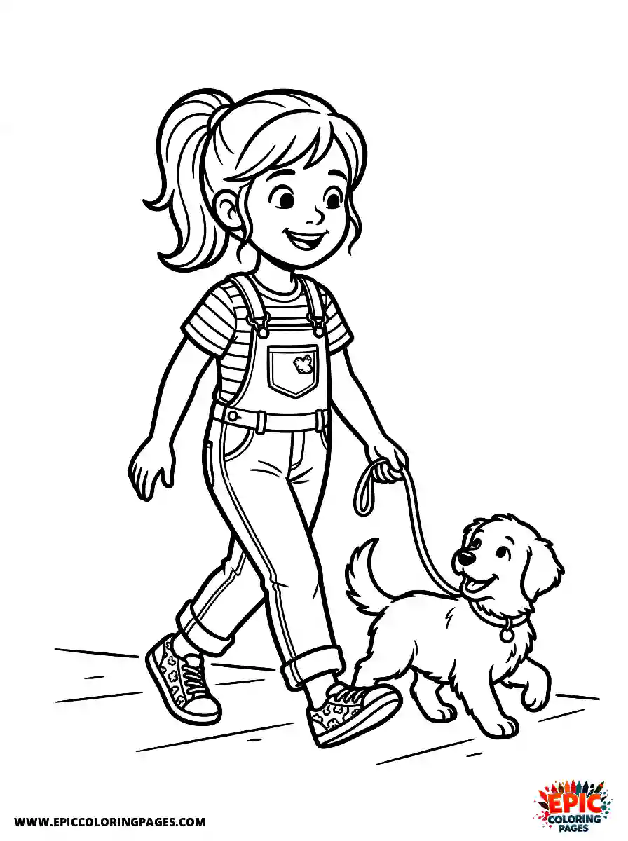 American Girl American girl comic strip style walking a puppy