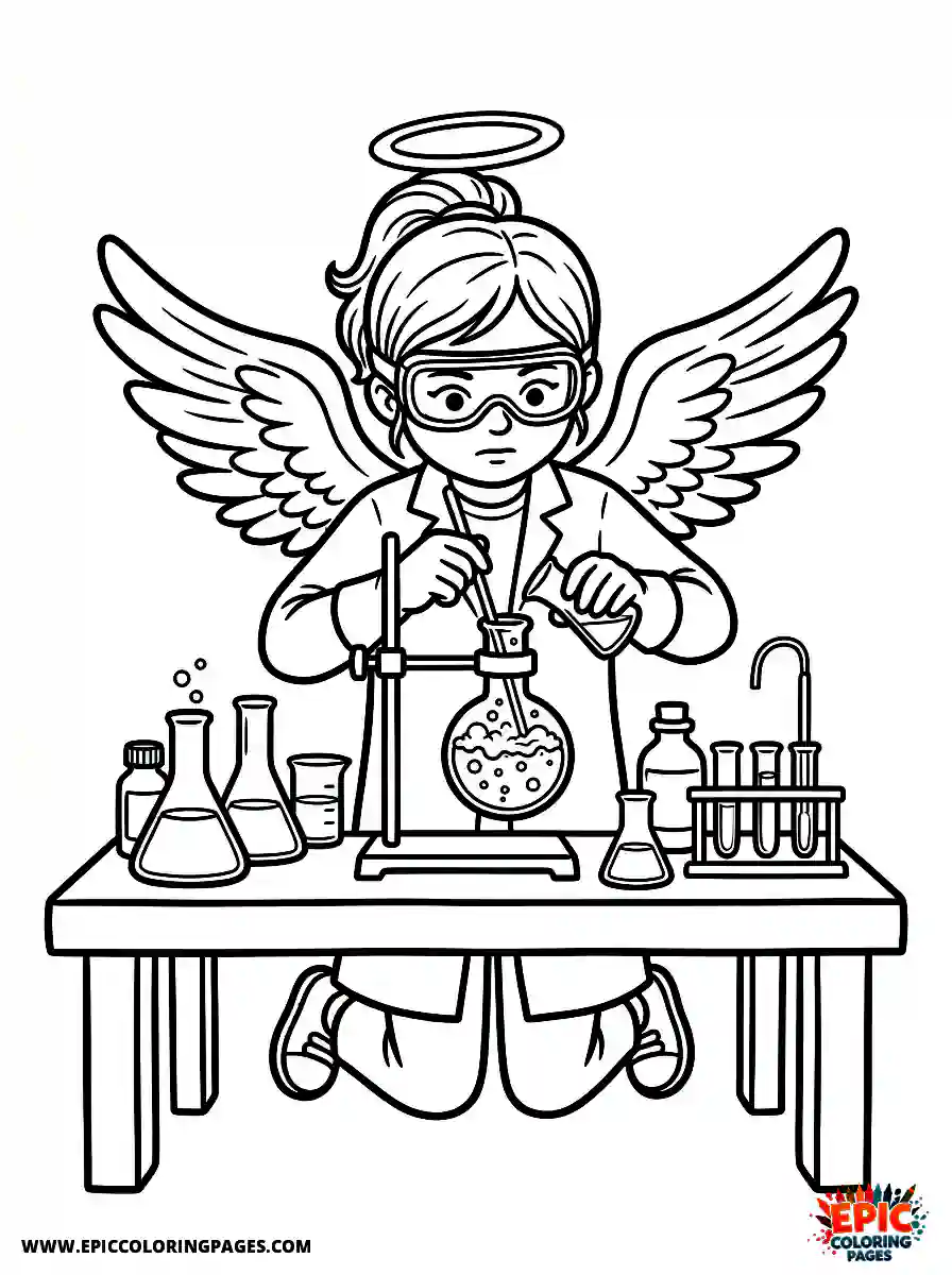 Angel Girl Angel girl realistic carefully mixing bubbling chemical flasks science