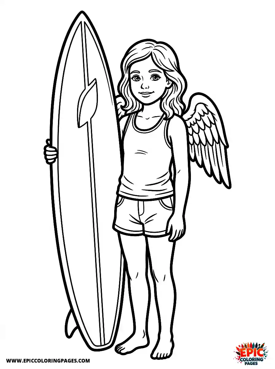 Angel Girl Angel girl realistic holding a long smooth surfboard