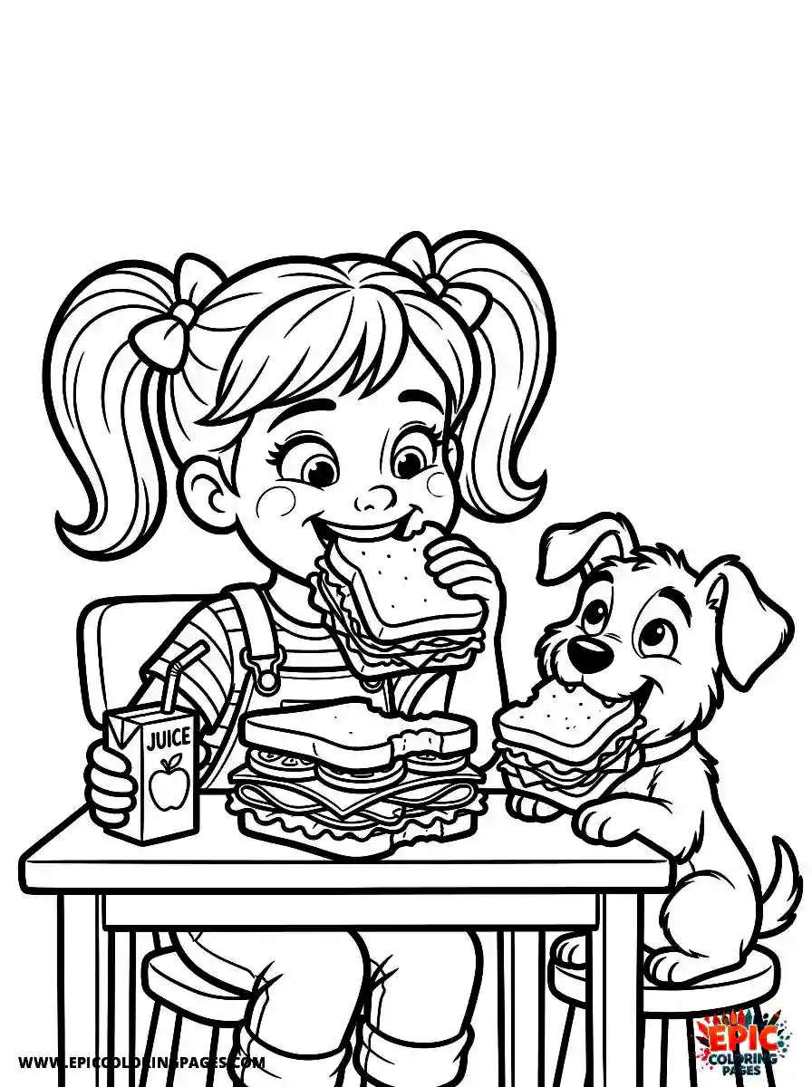 Girl with Dog Beautiful girl with dog 3d disney style biting into a huge sandwich holding a juice box