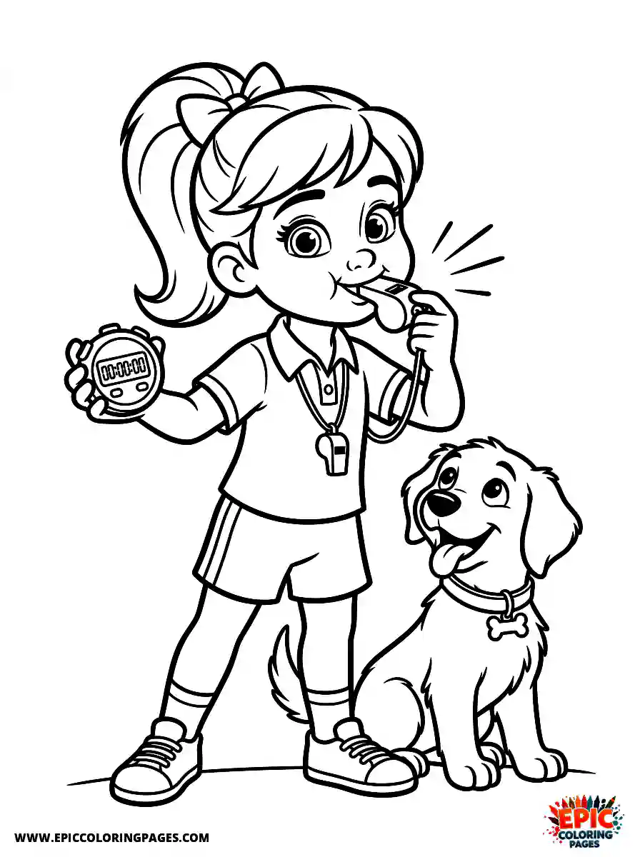 Girl with Dog Beautiful girl with dog 3d disney style blowing a referee whistle holding a stopwatch