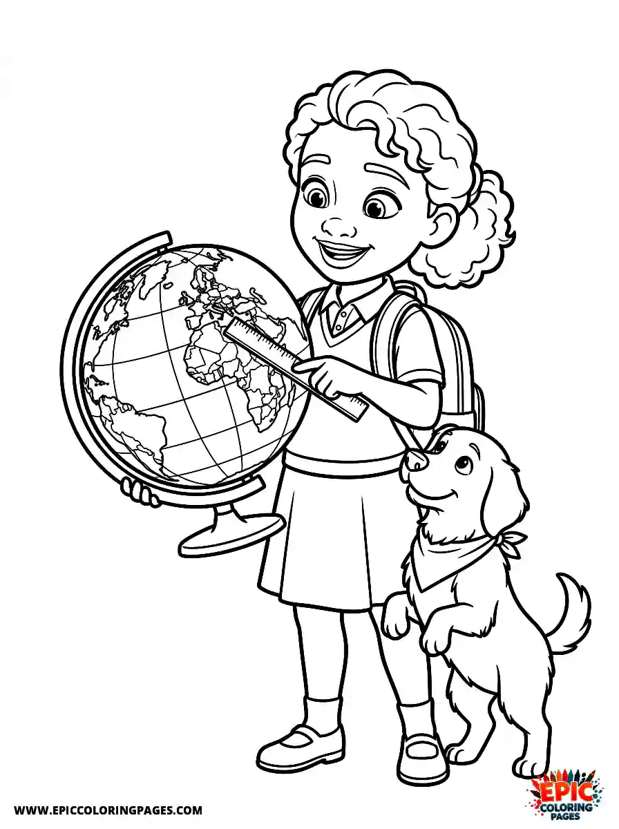 Girl with Dog Beautiful girl with dog 3d disney style holding a globe pointing with a ruler