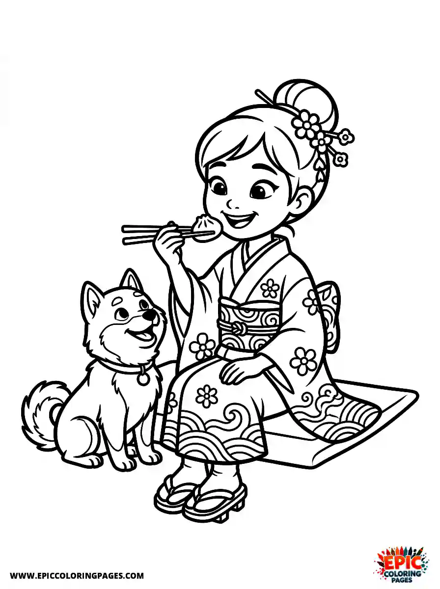 Girl with Dog Beautiful girl with dog 3d disney style holding a pair of chopsticks wearing a kimono