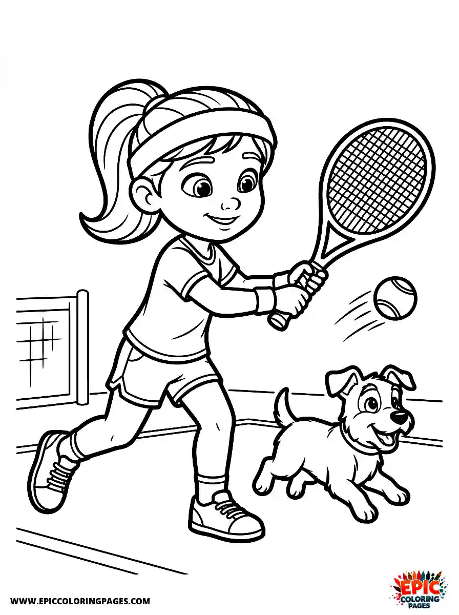 Girl with Dog Beautiful girl with dog 3d disney style swinging a tennis racket wearing a sweatband