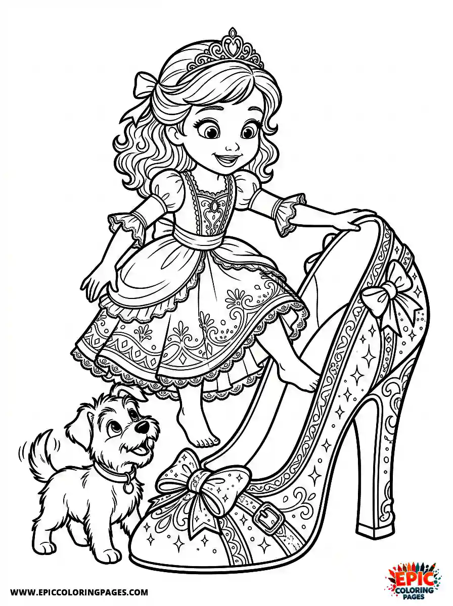 Girl with Dog Beautiful girl with dog 3d disney style trying on a huge high heel shoe wearing a princess dress