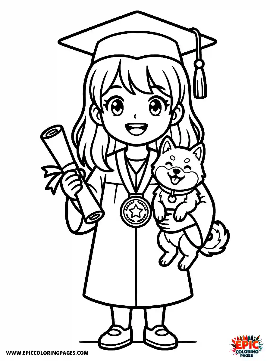 Girl with Dog Beautiful girl with dog anime style holding a graduation diploma wearing a shiny medal