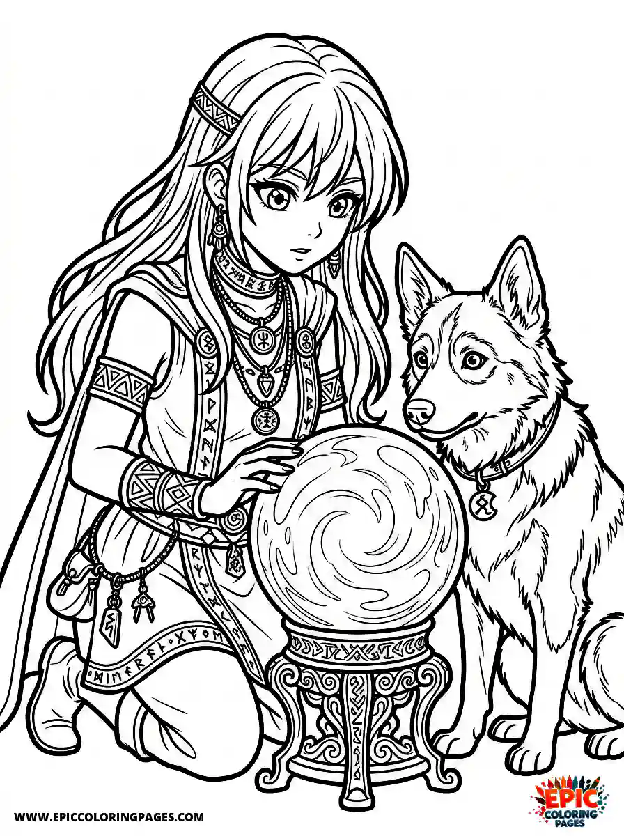 Girl with Dog Beautiful girl with dog anime style staring into a crystal ball wearing mystic jewelry
