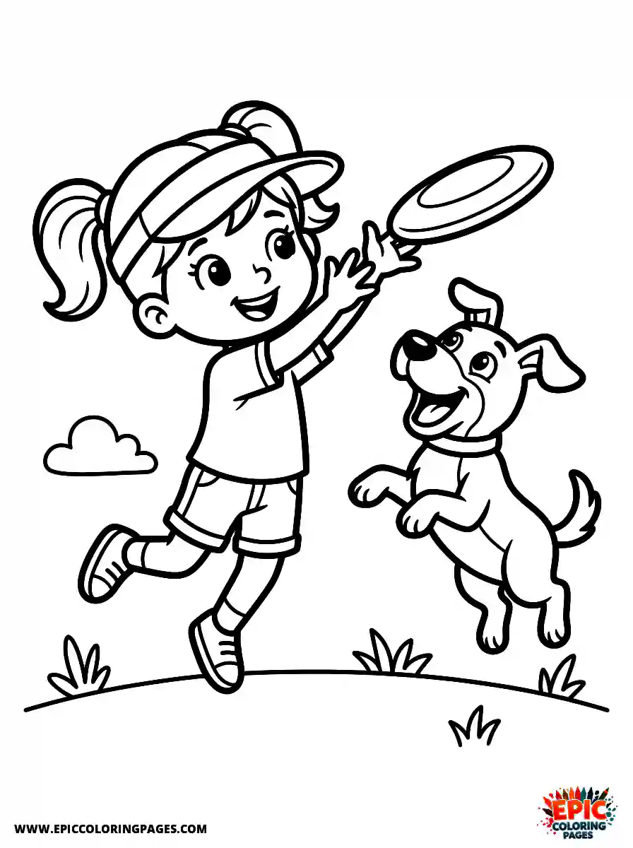 Girl with Dog Beautiful girl with dog cartoon style catching a frisbee wearing a visor hat