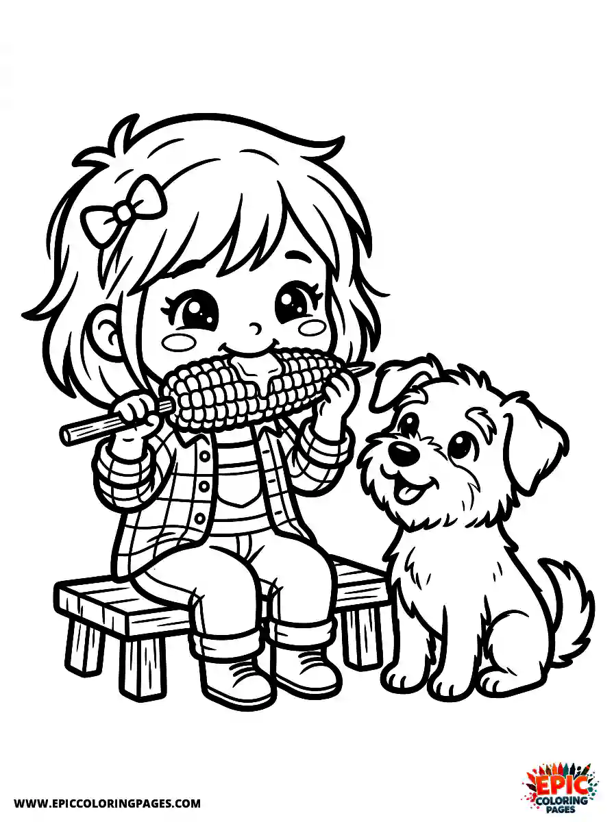 Girl with Dog Beautiful girl with dog chibi style eating a stick of buttery corn wearing a country flannel