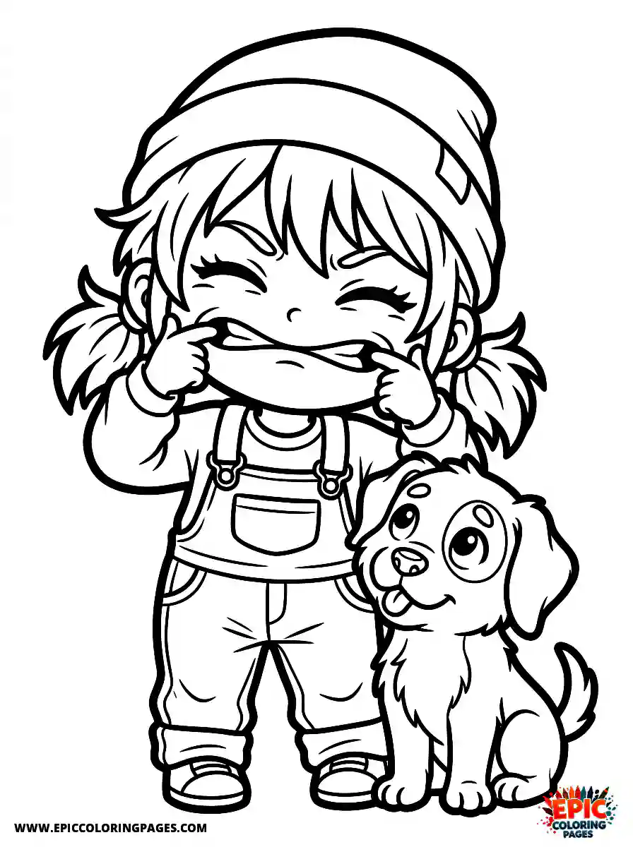 Girl with Dog Beautiful girl with dog chibi style making a funny face stretching her cheeks with fingers