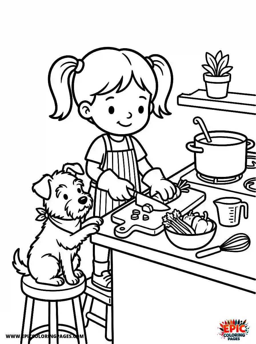 Girl with Dog Beautiful girl with dog chopping vegetables wearing chef gloves