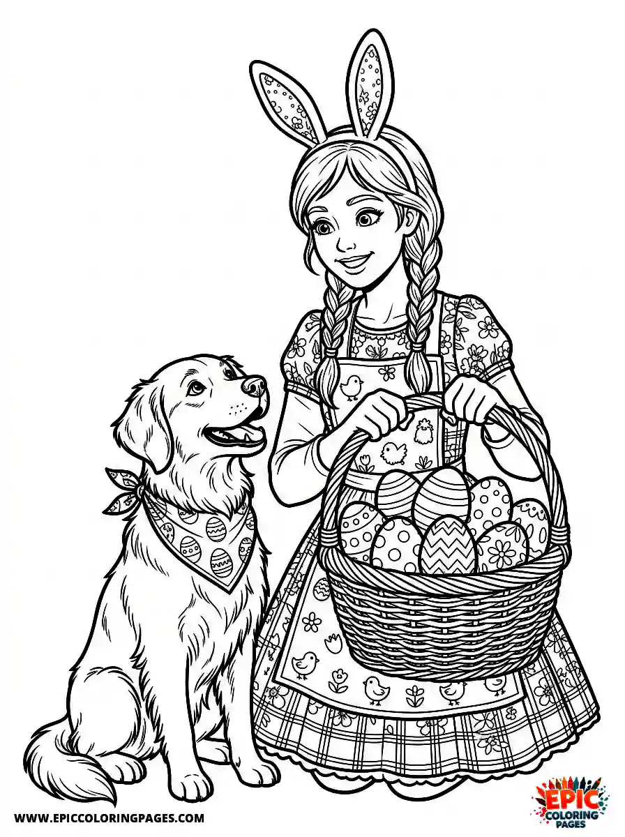 Girl with Dog Beautiful girl with dog holding a basket of eggs wearing bunny ears