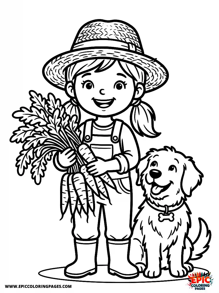 Girl with Dog Beautiful girl with dog holding a bunch of fresh carrots wearing a farmer straw hat