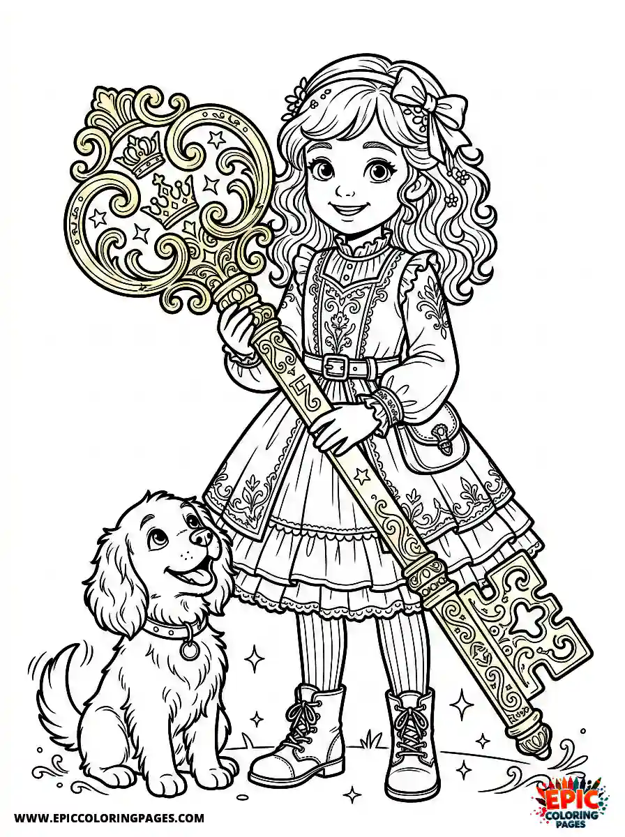 Girl with Dog Beautiful girl with dog holding a giant golden key wearing a velvet dress