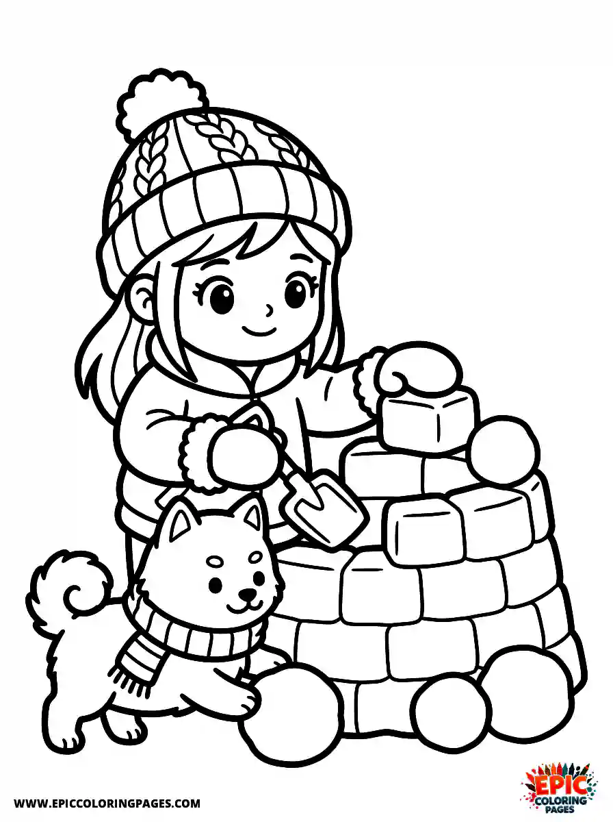 Girl with Dog Beautiful girl with dog kawaii style building a snow fort winter wearing fuzzy mittens