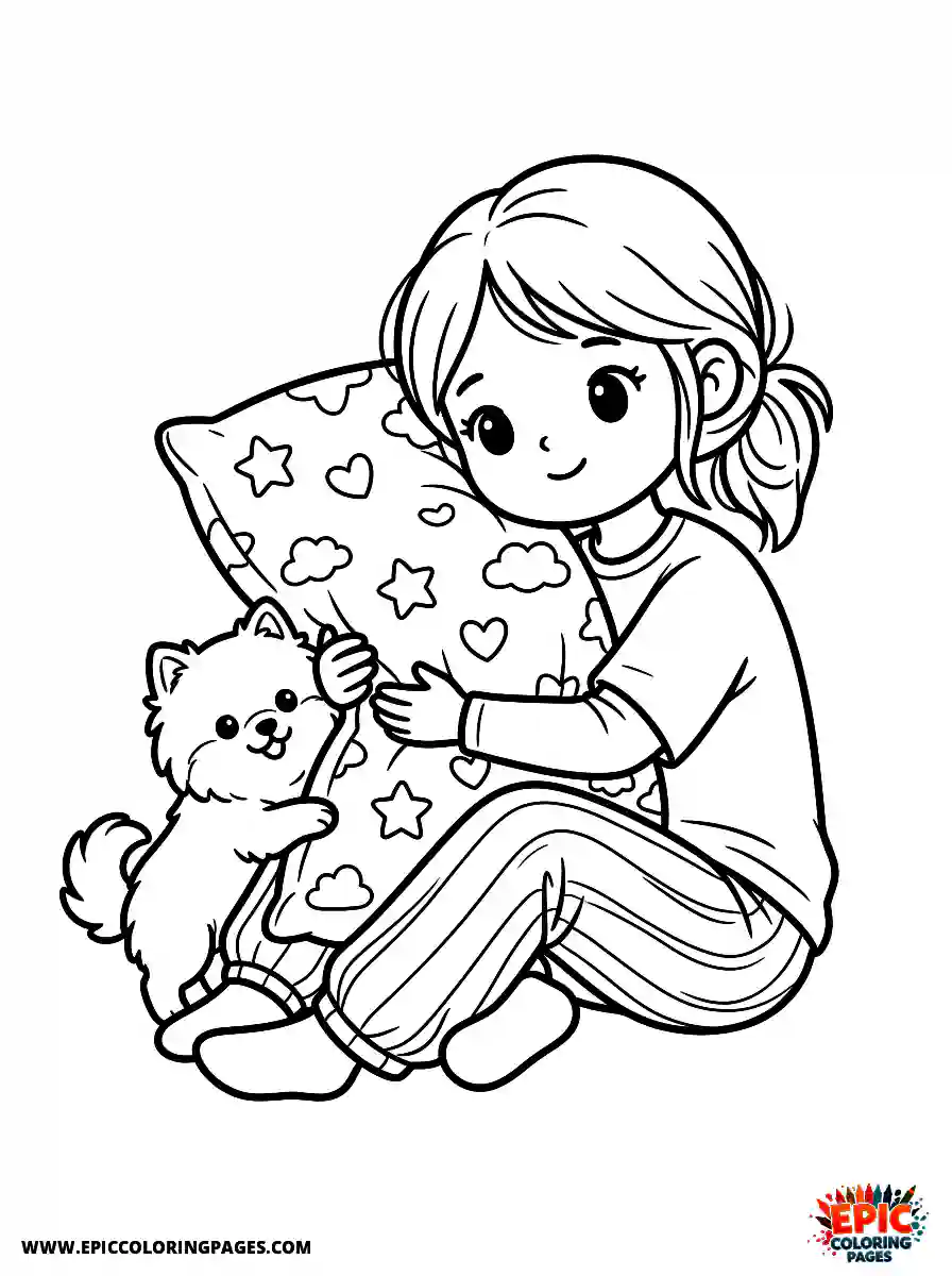 Girl with Dog Beautiful girl with dog kawaii style hugging a large decorative pillow wearing soft lounge pants