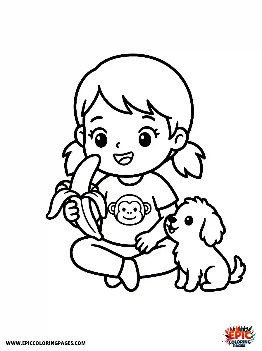 Girl with Dog Beautiful girl with dog kawaii style peeling a yellow banana wearing a monkey graphic tee