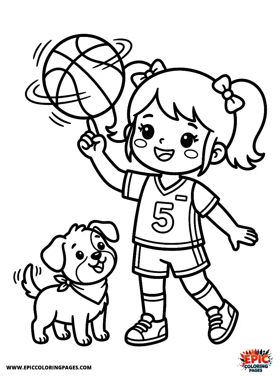 Girl with Dog Beautiful girl with dog kawaii style spinning a basketball on one finger wearing a sports jersey