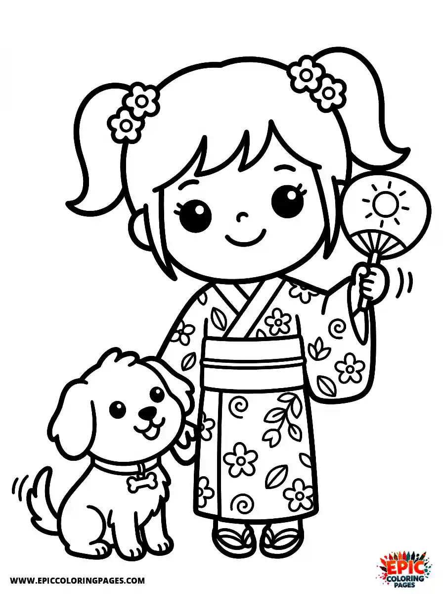 Girl with Dog Beautiful girl with dog kawaii style waving a small paper fan wearing a traditional yukata