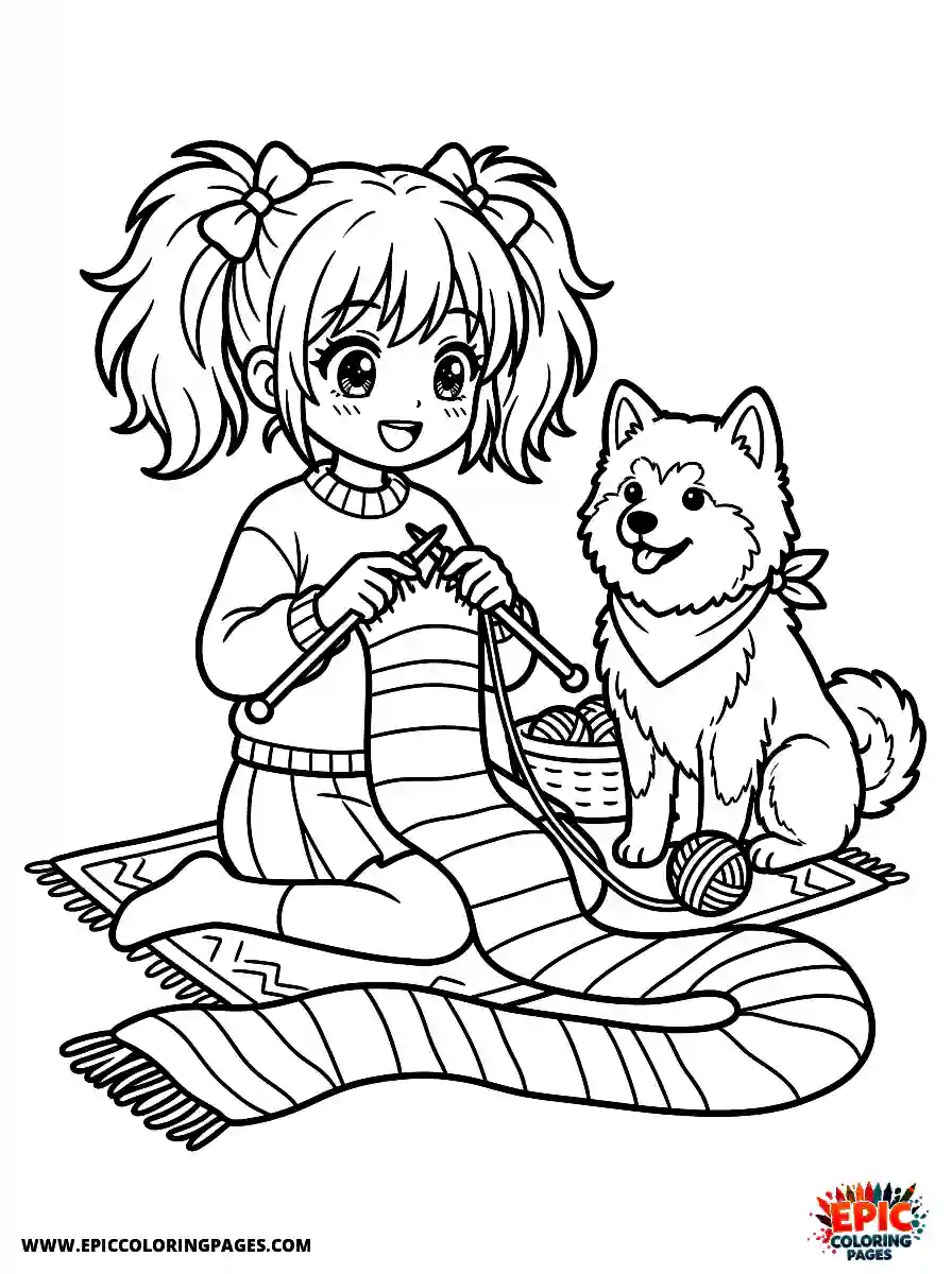 Girl with Dog Beautiful girl with dog manga style knitting a long scarf knitting needles
