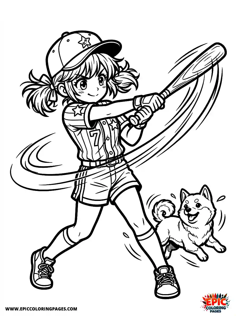 Girl with Dog Beautiful girl with dog manga style swinging a baseball bat wearing a baseball cap